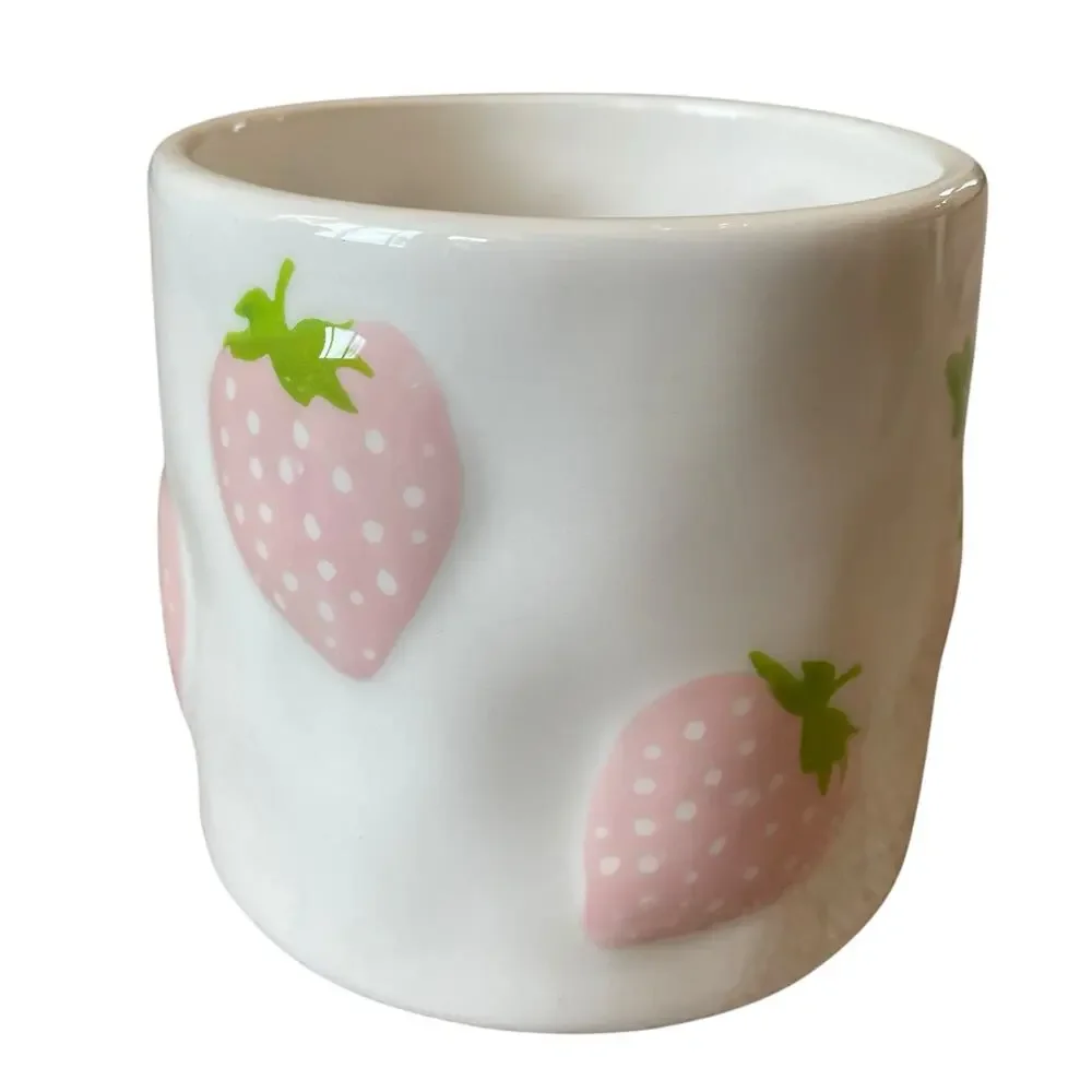 Lang Hand Painted PINK STRAWBERRY Ceramic Coffee Tea Mugs Set of 2 New